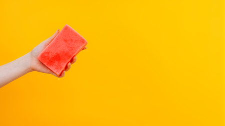 Washing tools. Home hygiene. Woman hand with soft pink household cleaning equipment soapy wet sponge isolated orange background empty space.の写真素材