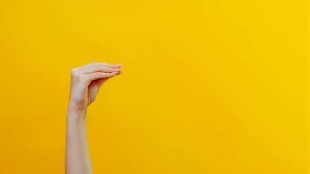 Hand theater. News advertisement. Female woman arm mouth gesture talking fun performance introducing sensation isolated on yellow background empty space.の写真素材