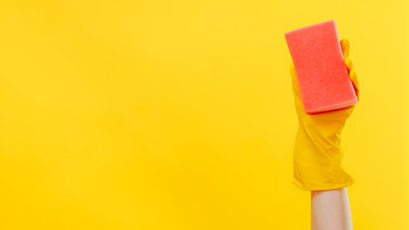 Cleaning equipment. Surface hygiene. Professional janitor hand in protective gloves with pink sponge...