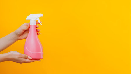 Cleaning tools. Detergent product. Hygiene equipment. Woman hand with pink chemical sanitary spray...