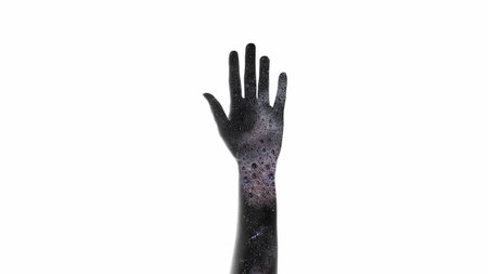 Hand art. Cosmic energy. Spiritual healing. Woman arm with dark glitter bubble fluid ink flow...