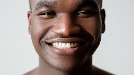 Teeth care. Oral health. Mouth hygiene. Dental medicine. Confident happy man face with perfect flawless white smile isolated on light background.の写真素材