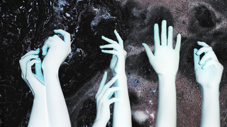Negative effect. Psychedelic energy. Fantasy galaxy. Blue woman alien hands arms on dark glitter bubble fluid ink abstract background double exposure.の写真素材