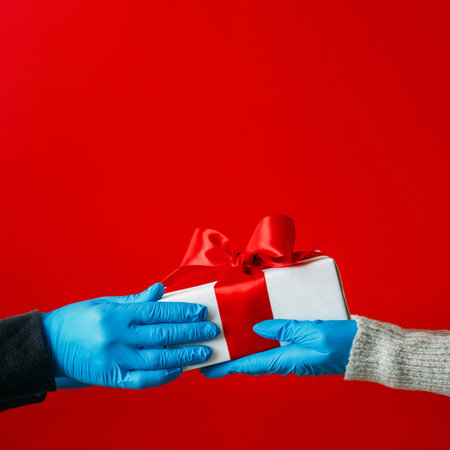 Gift handing. Holiday present. Unrecognizable human hands in protective gloves holding wrapped box...