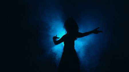 Silhouette dancing. Contemporary performance. Graceful flexibility. Tender slim woman moving in haze shadow spot light dark background copy space.の写真素材