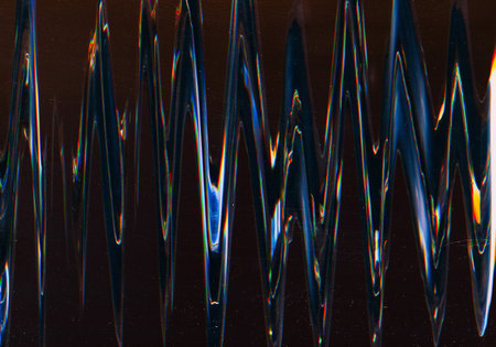 Glitch design. Distorted display. Overlay background. Digital surface blue yellow blurred zigzag...