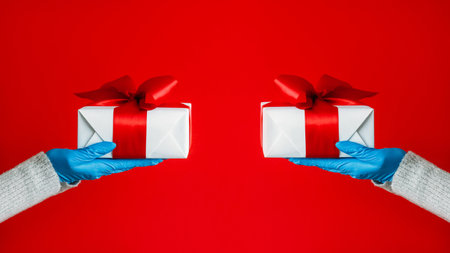 Festive present. Epidemic gifts. Unrecognizable human hands in rubber gloves holding wrapped boxes coronavirus protective gear isolated on red free space background.の写真素材