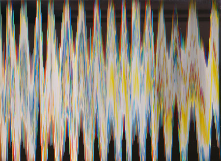 Glitch texture. Distortion background. Bad quality signal. Yellow blue white red color frequency...