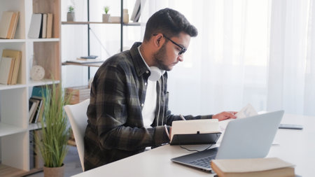 Account manager man documents laptop desk office