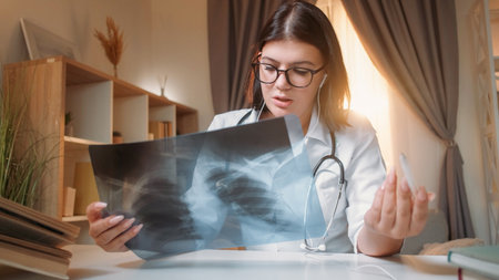 Virtual healthcare. Online doctor. Woman general practitioner explaining x-ray lung injury to...