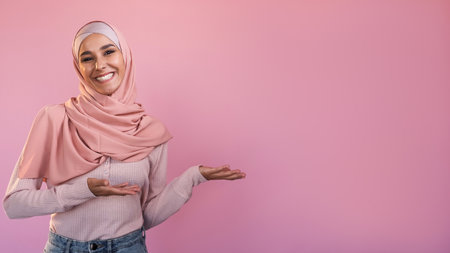 Advertising people. Offer recommend. Satisfied cheerful woman in hijab showing empty space isolated on pink commercial background.の写真素材