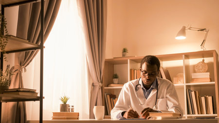 Medical research. Clinic study. Healthcare career. Pensive smart male doctor in white coat writing scientific work at modern interior with free space.の写真素材