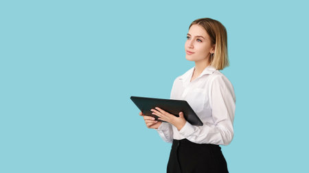 Female executive. Career planning. Digital technology. Minding ideas. Work promotion. Pensive dreamy...