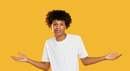 Shrug gesture. Advertising people. Confused careless indifferent smiling guy raising shoulders hands...
