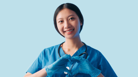 Friendly doctor. Heart gesture. Supportive cheerful woman holding hands in shape healthcare charity volunteer symbol showing love isolated on blue empty space background.の写真素材