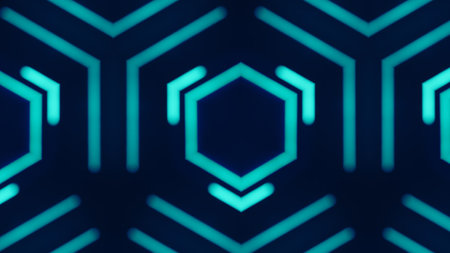 Abstract futuristic neon glowing hexagonal pattern with glowing lines on dark modern design art illustration background.の写真素材