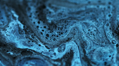 Oil fluid. Shimmering paint spill. Defocused sparkling blue ink water with black bubbles particles texture abstract ink emulsion.の写真素材