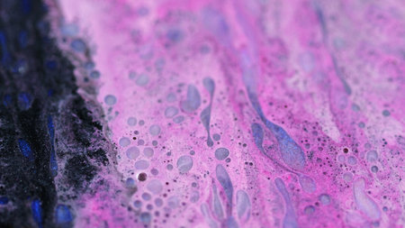Bubble drop. Ink spill. Defocused pink black blue color sparkling shiny liquid shimmer particles...