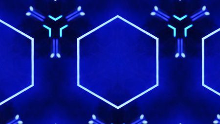 Modern pattern of blue illuminated neon hexagons futuristic shapes art illustration abstract background.の写真素材