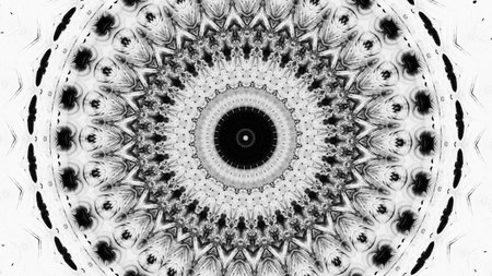 Symmetrical intricate black white mandala circle design abstract radial patterns art illustration background.の写真素材