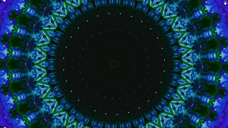 Symmetrical kaleidoscope with mesmerizing blue green color round frame abstract patterns on black art illustration background.の写真素材