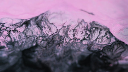 Sparkling liquid. Ink wave. Defocused glitter texture. Shining pink black emulsion mix flows mystical abstract fluid background.の写真素材