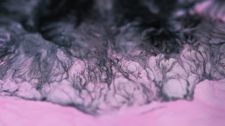 Paint wave. Ink spill. Defocused pink glitter texture. Shining black emulsion mix flow mystical...