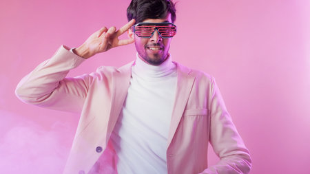 Disco man. Party accessory. Nightlife style. Amused guy in cyberpunk glasses enjoying dancing in purple color neon light smoke isolated on pink free space background.の写真素材