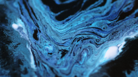 Ink mix wave. Liquid acrylic spill. Blur glowing blue black color marble texture paint emulsion blend abstract art background.の写真素材