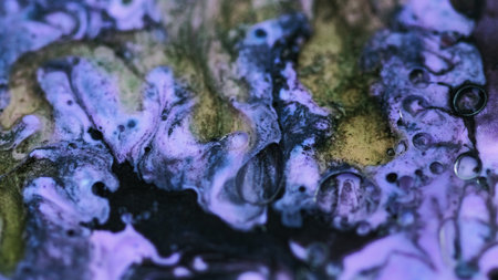 Oil liquid blend. Paint mix. Blur purple blue pink black color shimmering gel bubbles texture acrylic fluid wave abstract art background.の写真素材
