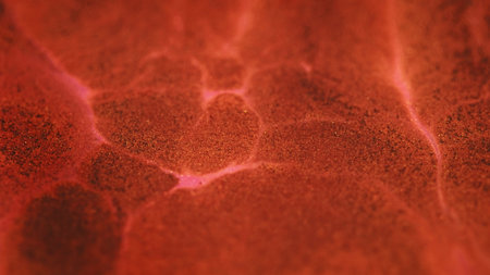 Art liquid lava. Shimmer paint flow. Defocused dark red coral bronze pink maroon color fluid magma eruption acrylic drip abstract background.の写真素材