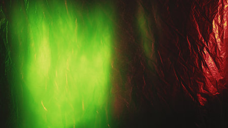 Creased foil texture. Light flare overlay. Defocused neon green color glow on red gold shiny...