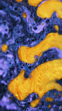 Sparkling liquid wave. Paint spill. Blur blue golden yellow color glitter particles foam acrylic...