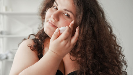 Under eye moisturizing. Skin care. Cosmetic product. Anti-aging treatment. Confident overweight chubby woman applying face cream.の写真素材