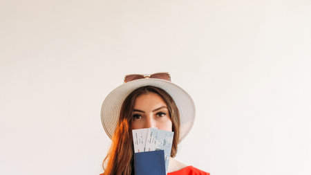 Excited tourist. Holding passport. Female passenger in hat sunglasses with tickets in hand expecting flight travel abroad isolated on white empty space background.の写真素材