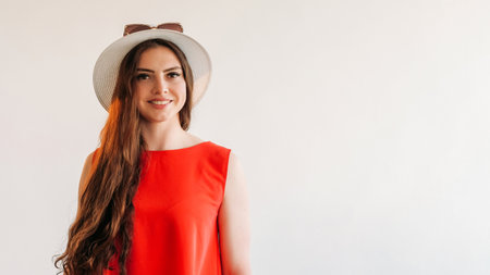 Pretty smile. Summer fashion. Joyful woman tourist in red sunglasses hat ready for vacation rest isolated on white background empty space.の写真素材