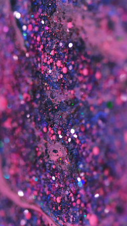 Liquid shimmer texture. Glitter paint spill. Blur purple pink color shiny sequin particles emulsion...