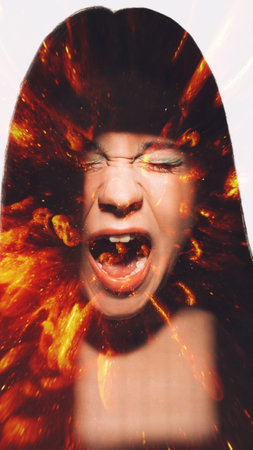 Furious portrait. Anxiety frustration. Chaos crisis burst. Glitter abstract firing flames in...