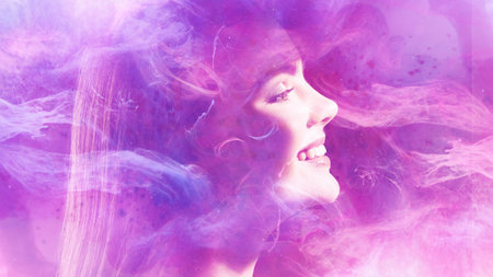 Smoke portrait. Fantasy dream. Happy woman face silhouette in pink blue mist double exposure effect...