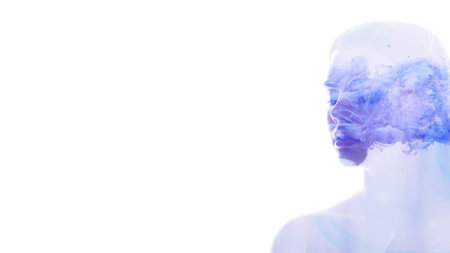Fantasy portrait. Spiritual aura. Blue purple mist filling woman silhouette double exposure isolated on white copy space background.の写真素材
