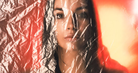 Bad feeling. Defocused portrait. Defocused concerned woman fading out wrinkled texture polyethylene film on red orange glow out of focus background.の写真素材