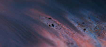 Illusion flow texture. Glitter liquid move. Blur fluorescent red color gradient shiny paint cascade wave on dark modern abstract art background.の写真素材