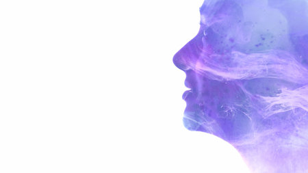 Spiritual silhouette. Enlightenment aura. Purple blue color mist cloud in double exposure profile of inspired woman face isolated on white empty space background.の写真素材