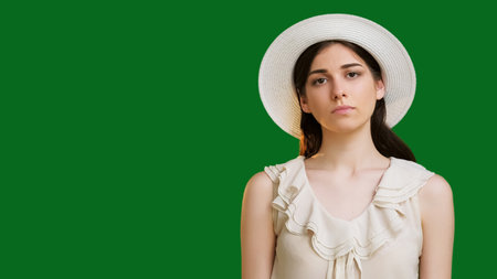 Sad portrait. Upset disappointed woman in summer hat posing isolated on green empty space background.の写真素材