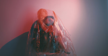 Desperate beauty. Woman panic. Tired girl sleeps sits in polyethylene film dreaming of freedom isolated on dark red pink flicker background.の写真素材