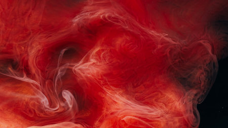 Art cloud. Pigment fog. Red paint spill swirl abstract background. Fume color dye blob water layer...