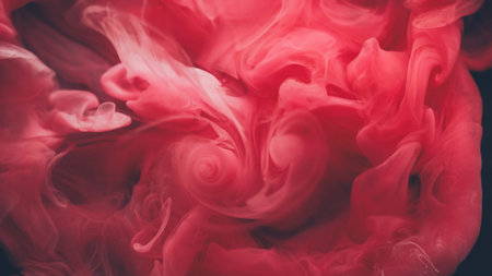 Vapor mix. Cloud blend. Puff paint spray red pink shot spread pigment on black background. Art twirl smoke abstract defocused flow.の写真素材