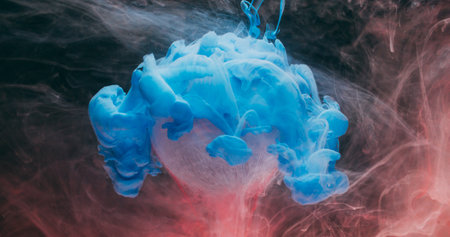 Liquid fume. Round texture. Defocused blue white colorful fluid wave paint flow vapor water on abstract art dark black background.の写真素材