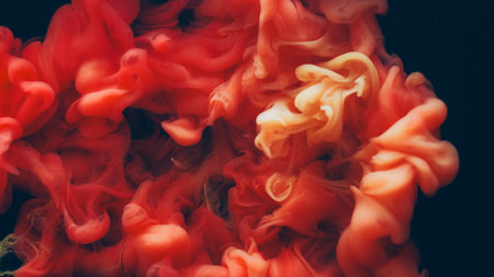 Paint drop water. Smoke blow. Color orange ink wave twist blend art cloud. Abstract fog emulsion dye...