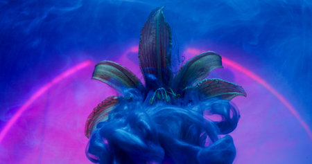 Smoke swirl. Paint water splash. Shimmering blue cloud on nature petal. Art fluid neon color...